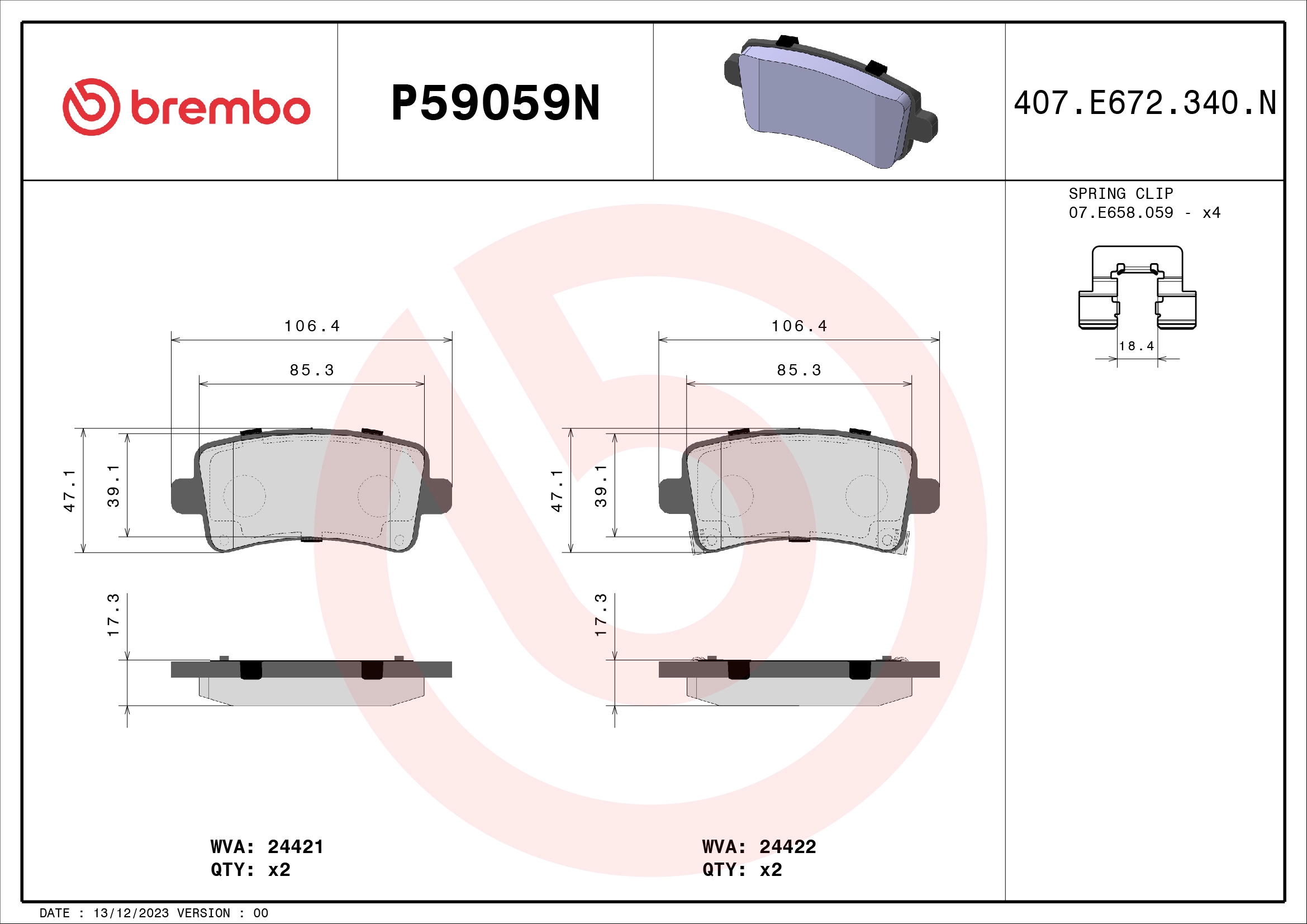 Комплект тормозных колодок дисковый тормоз prime line - ceramic BREMBO P59059N