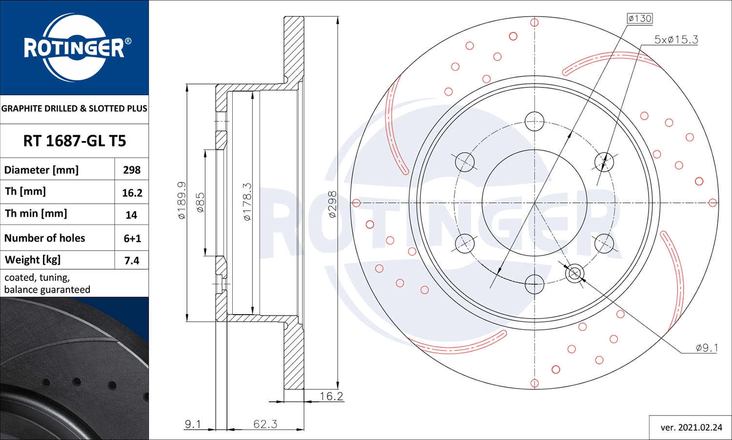 Тормозной диск graphite drilled slotted plus ROTINGER RT 1687-GL T5