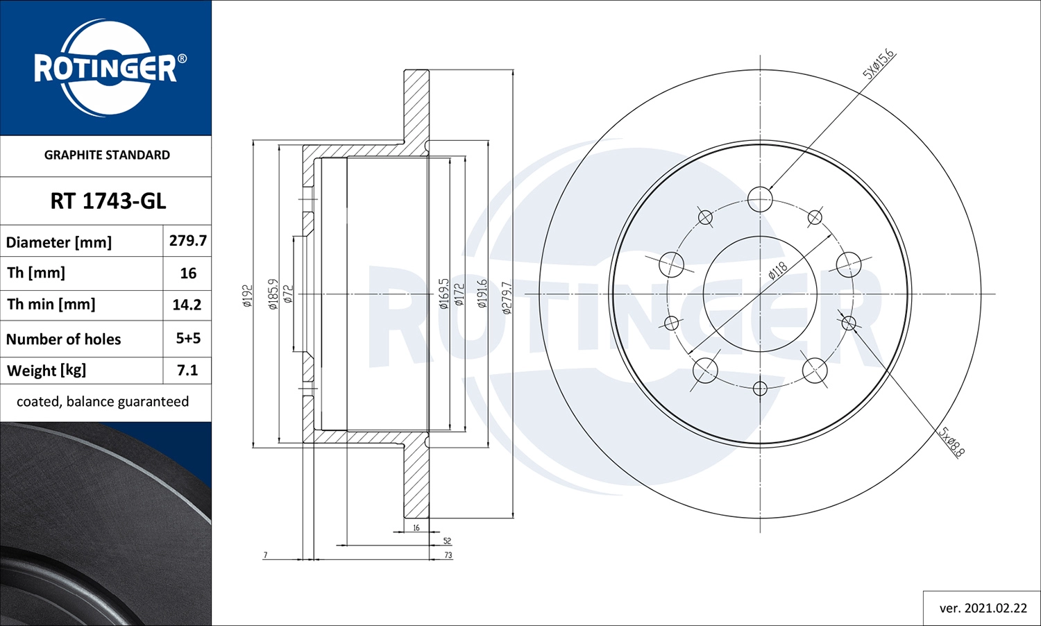 Тормозной диск graphite line ROTINGER RT 1743-GL
