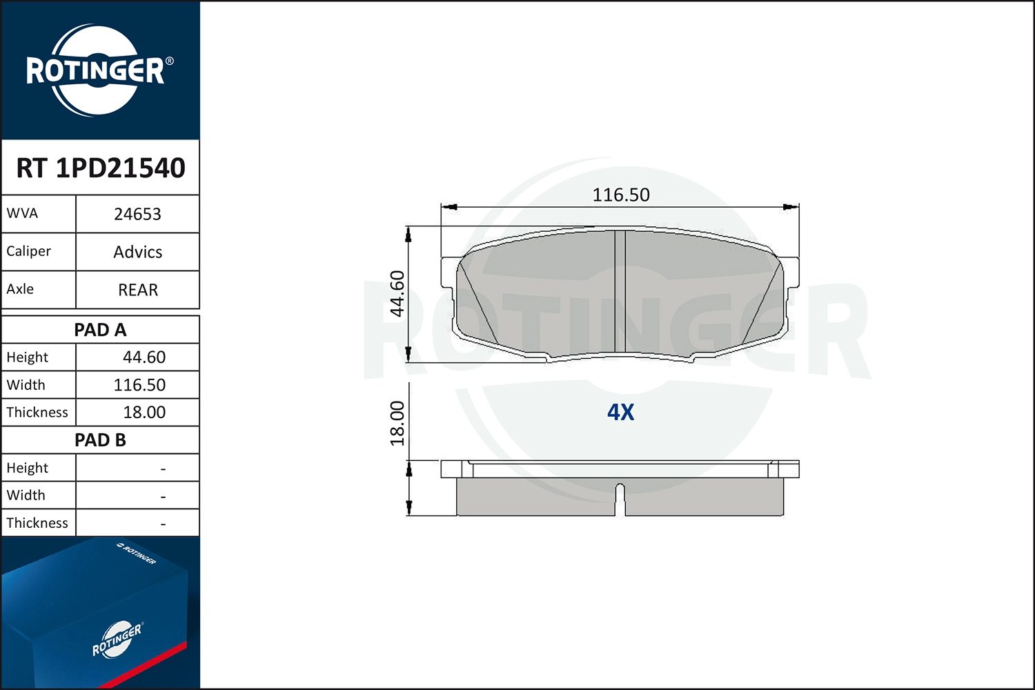 Комплект тормозных колодок дисковый тормоз ROTINGER RT 1PD21540