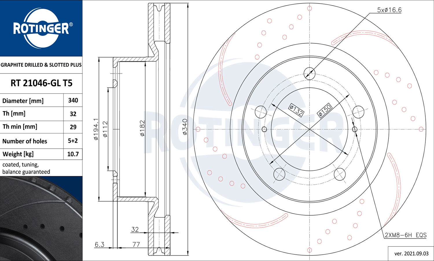 Тормозной диск graphite drilled slotted plus ROTINGER RT 21046-GL T5
