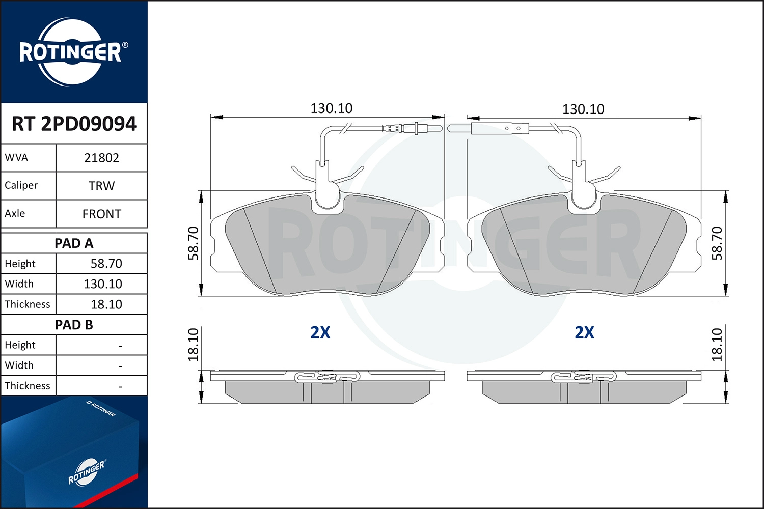 Комплект тормозных колодок дисковый тормоз ROTINGER RT 2PD09094