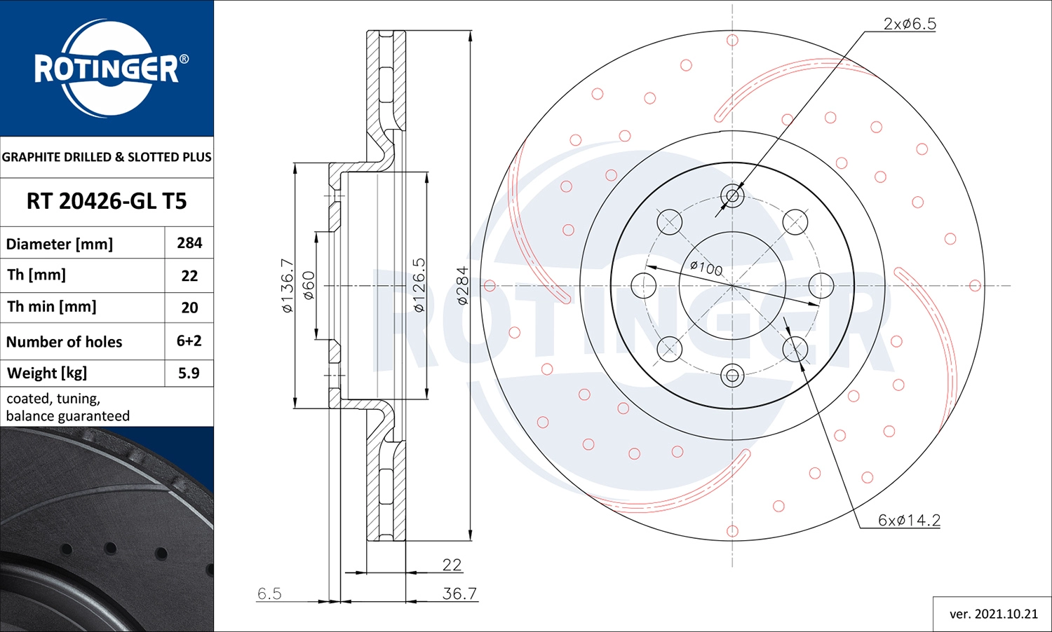 Тормозной диск graphite drilled slotted plus ROTINGER RT 20426-GL T5