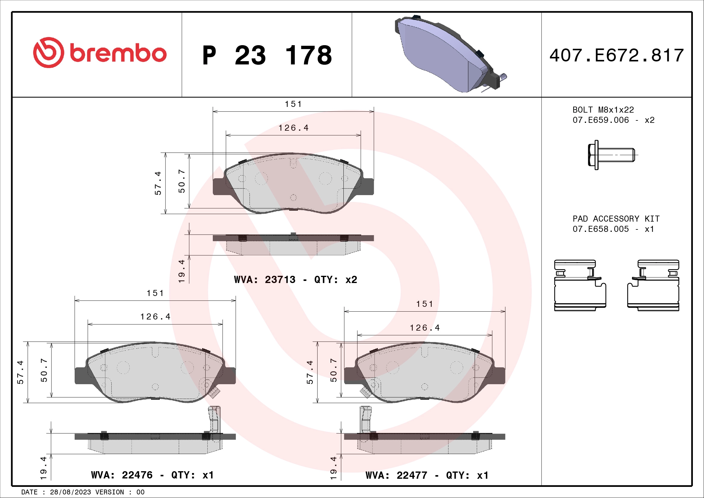 Комплект тормозных колодок дисковый тормоз prime line BREMBO P 23 178