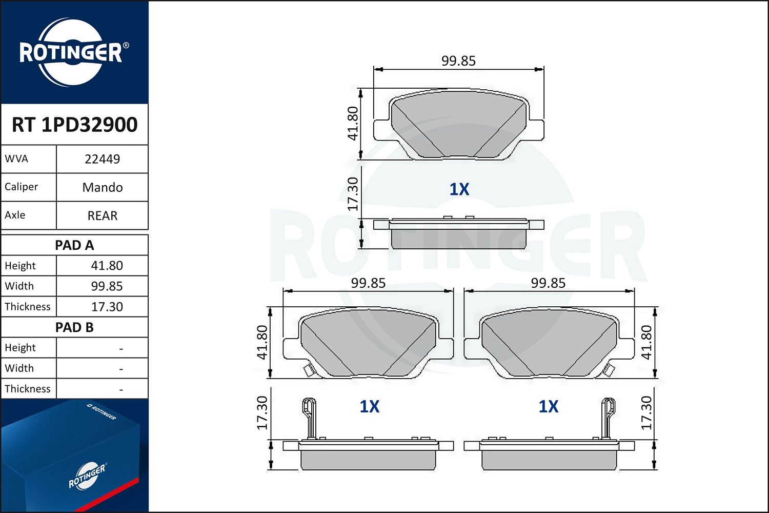 Комплект тормозных колодок дисковый тормоз ROTINGER RT 1PD32900
