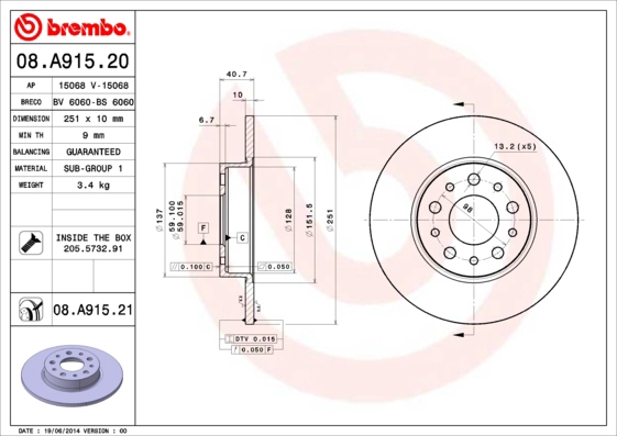 Тормозной диск prime line BREMBO 08.A915.20