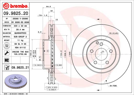 Тормозной диск prime line BREMBO 09.9825.20