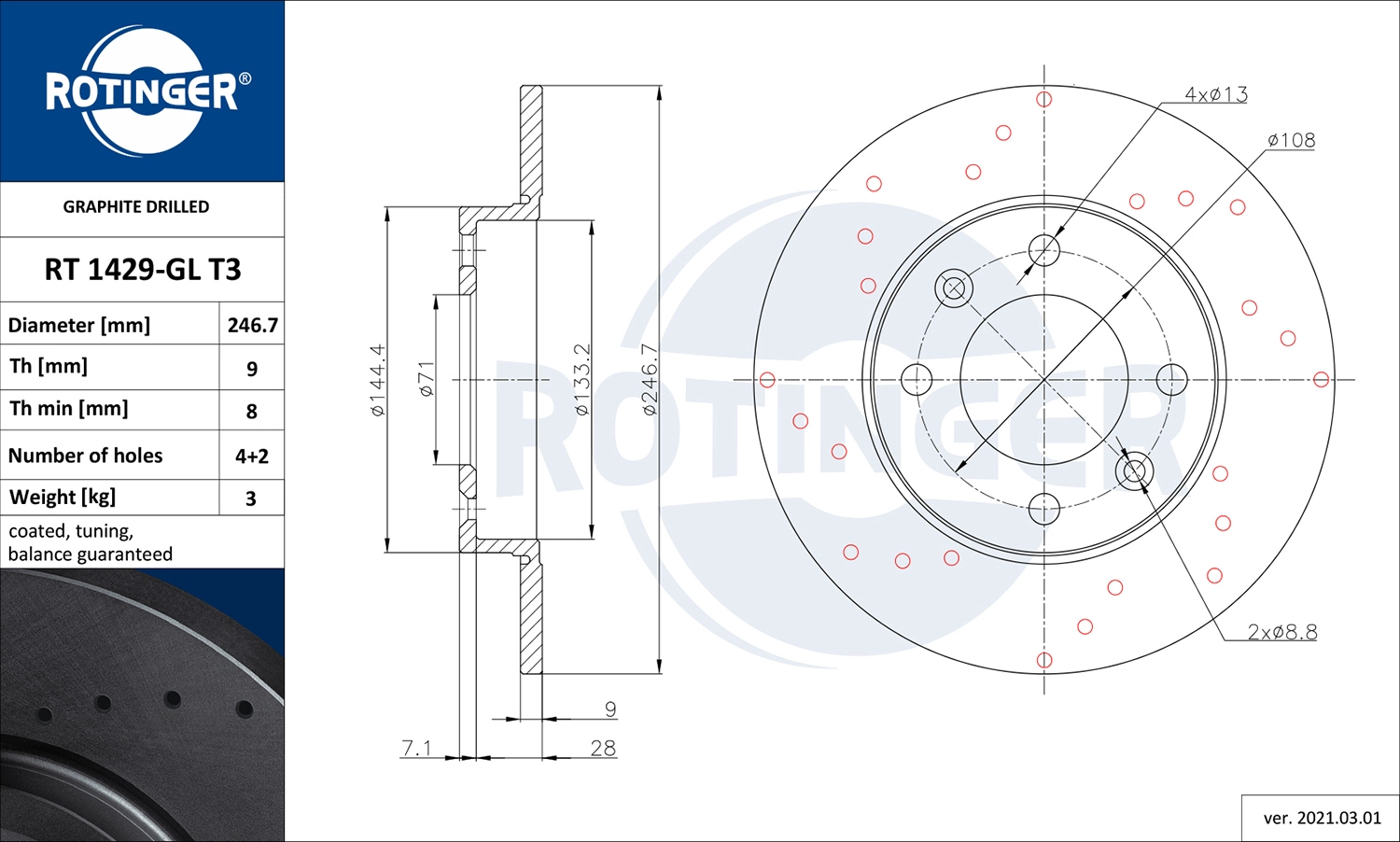 Тормозной диск graphite drilled ROTINGER RT 1429-GL T3