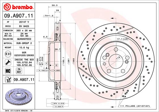 Тормозной диск prime line - uv coated BREMBO 09.A907.11