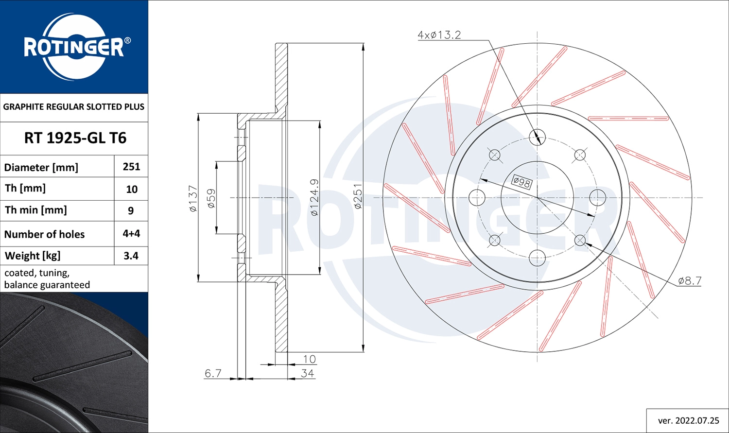 Тормозной диск graphite regular slotted plus ROTINGER RT 1925-GL T6