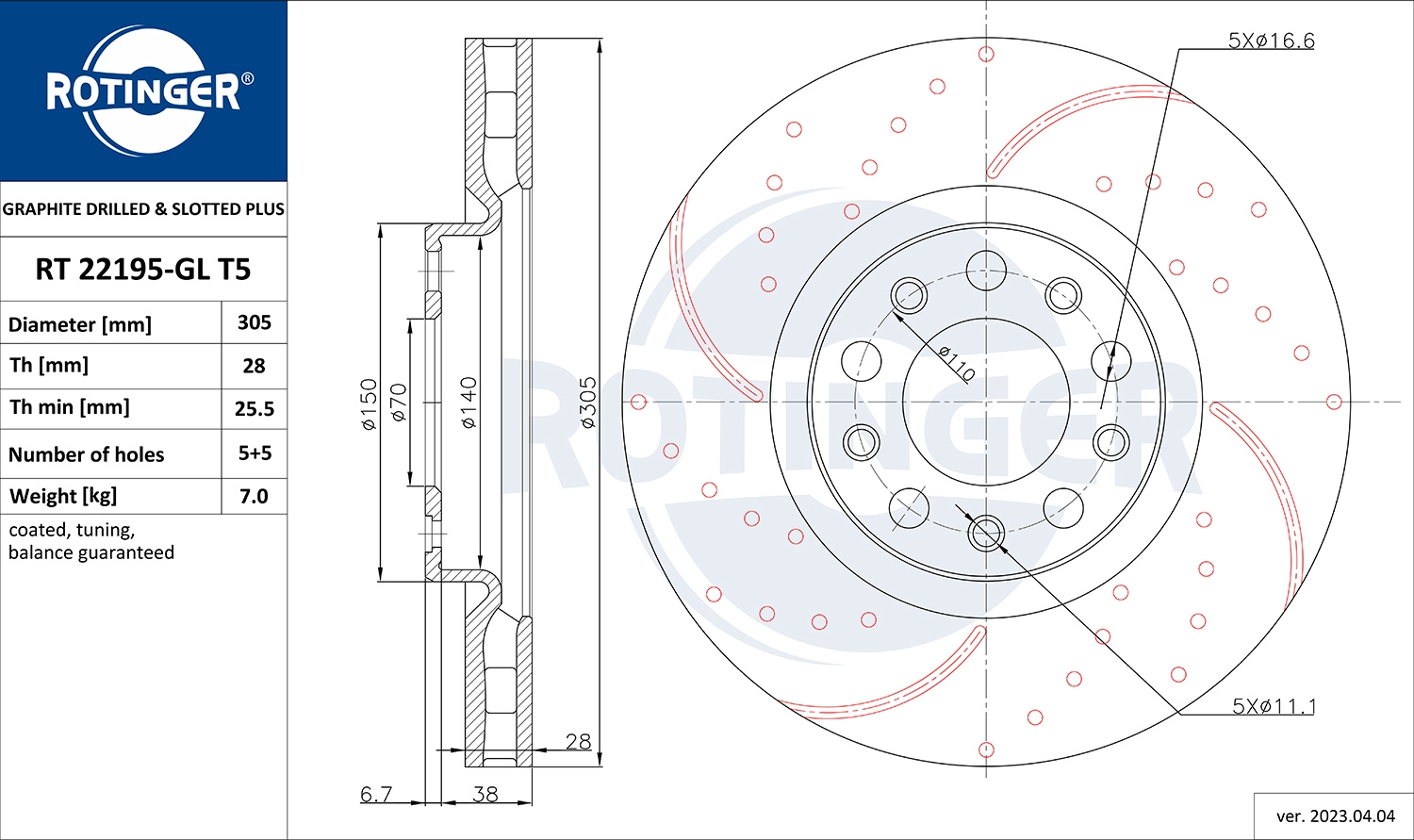 Тормозной диск graphite drilled slotted plus ROTINGER RT 22195-GL T5