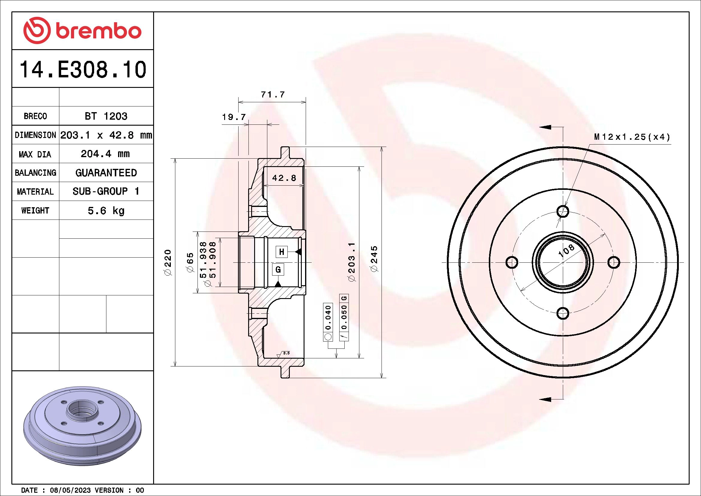 Тормозной барабан essential line BREMBO 14.E308.10