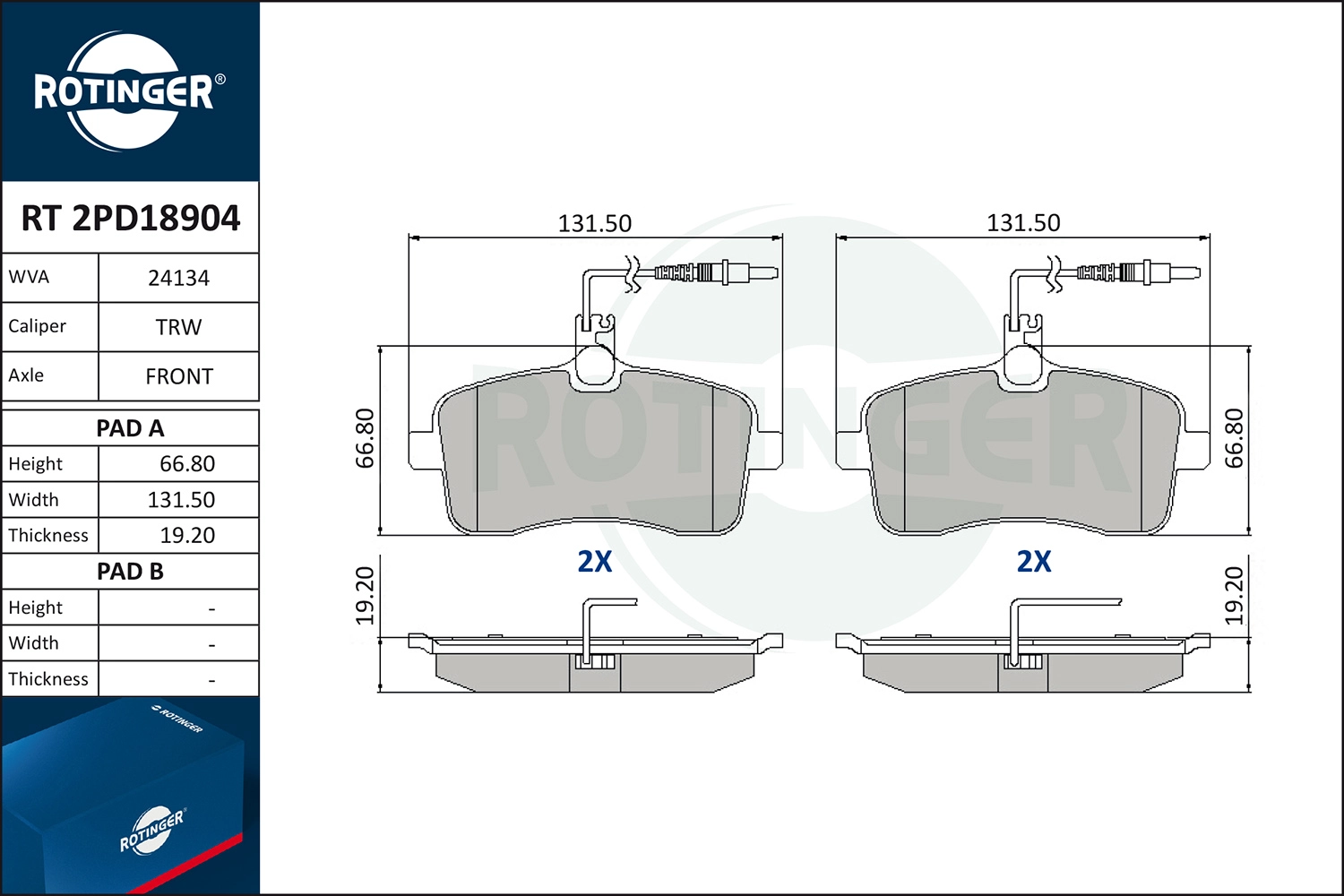 Комплект тормозных колодок дисковый тормоз ROTINGER RT 2PD18904