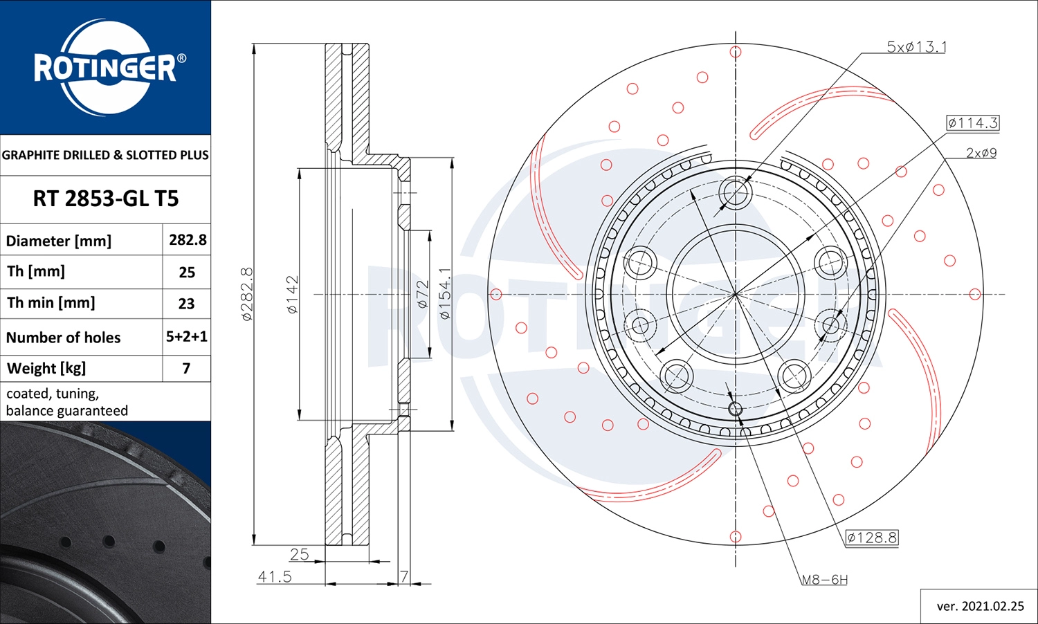 Тормозной диск graphite drilled slotted plus ROTINGER RT 2853-GL T5