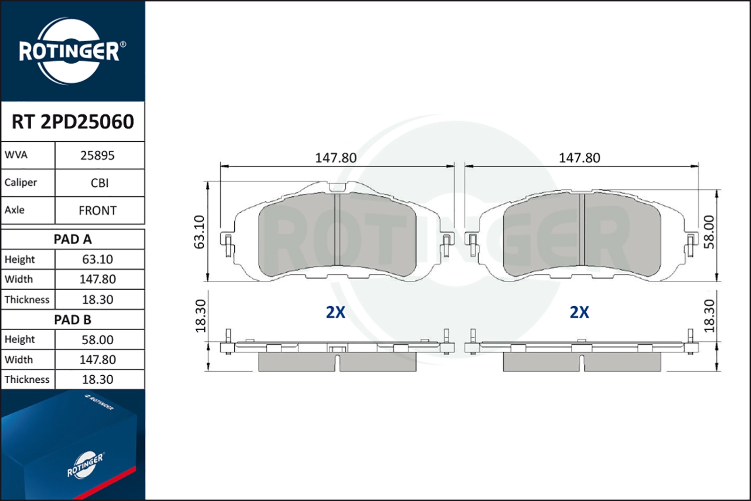 Комплект тормозных колодок дисковый тормоз ROTINGER RT 2PD25060