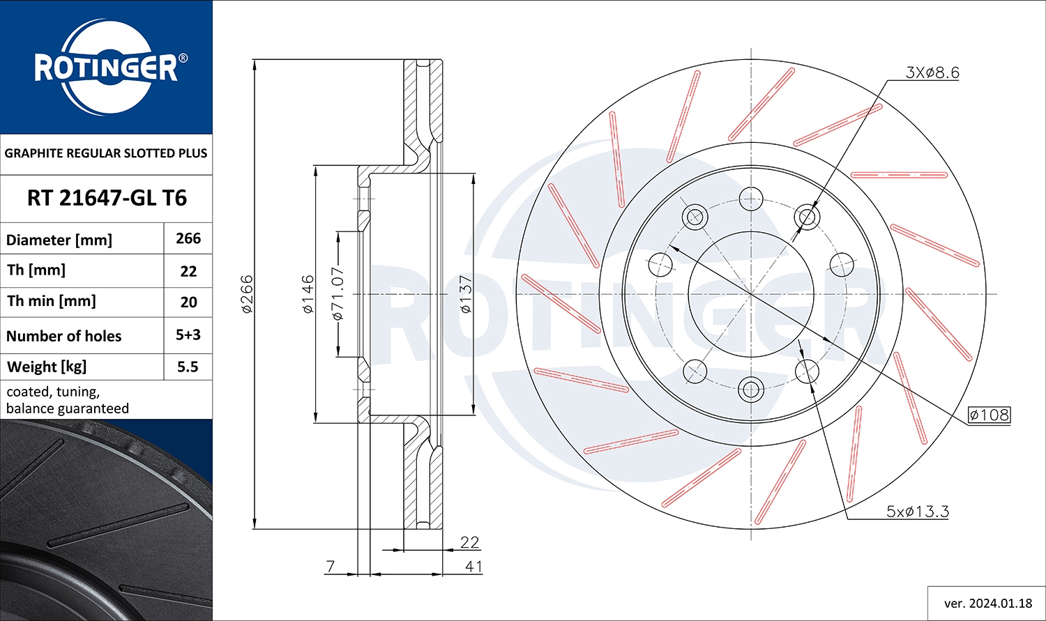 Тормозной диск graphite regular slotted plus ROTINGER RT 21647-GL T6