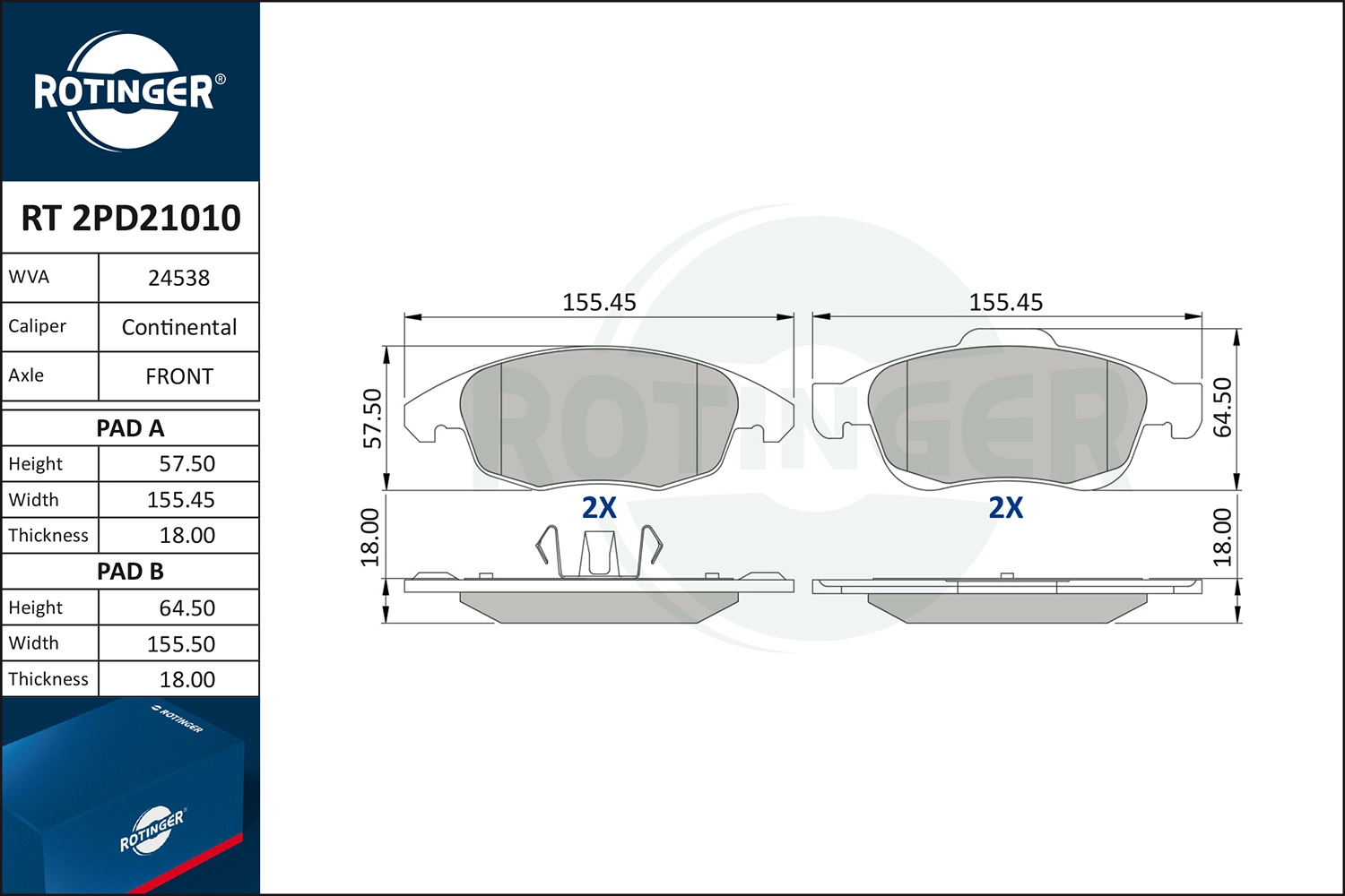 Комплект тормозных колодок дисковый тормоз ROTINGER RT 2PD21010