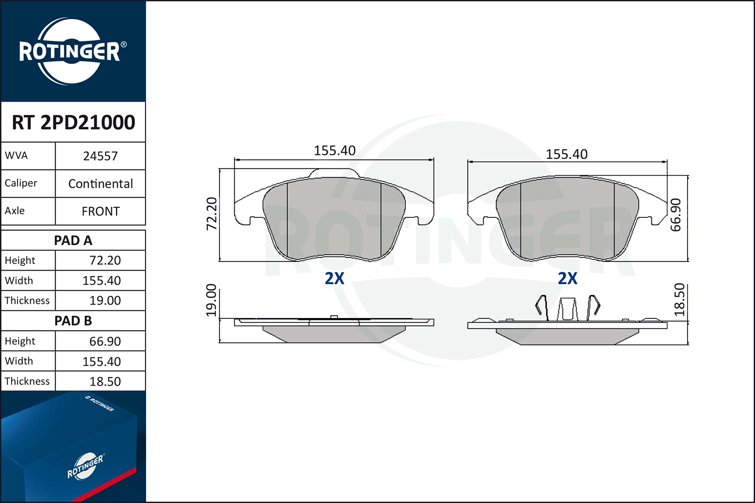Комплект тормозных колодок дисковый тормоз ROTINGER RT 2PD21000