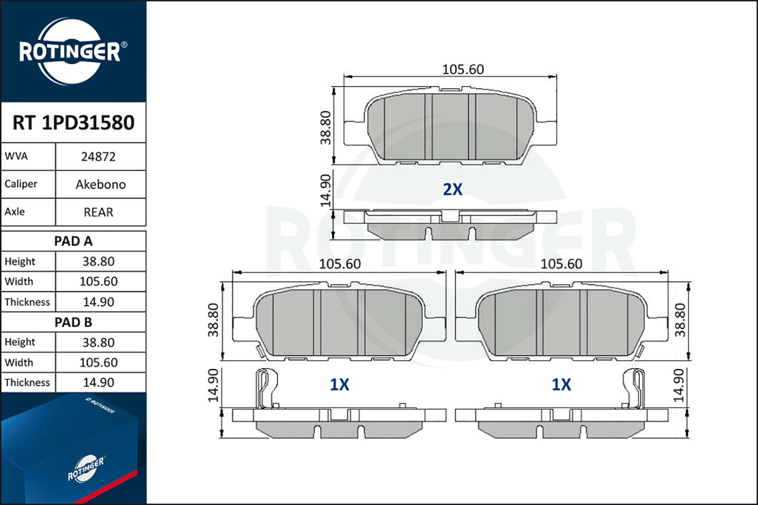 Колодки тормозные дисковые без датчика износа ROTINGER rt1pd31580