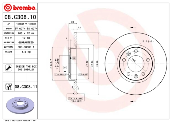 Тормозной диск BREMBO 08.C308.10
