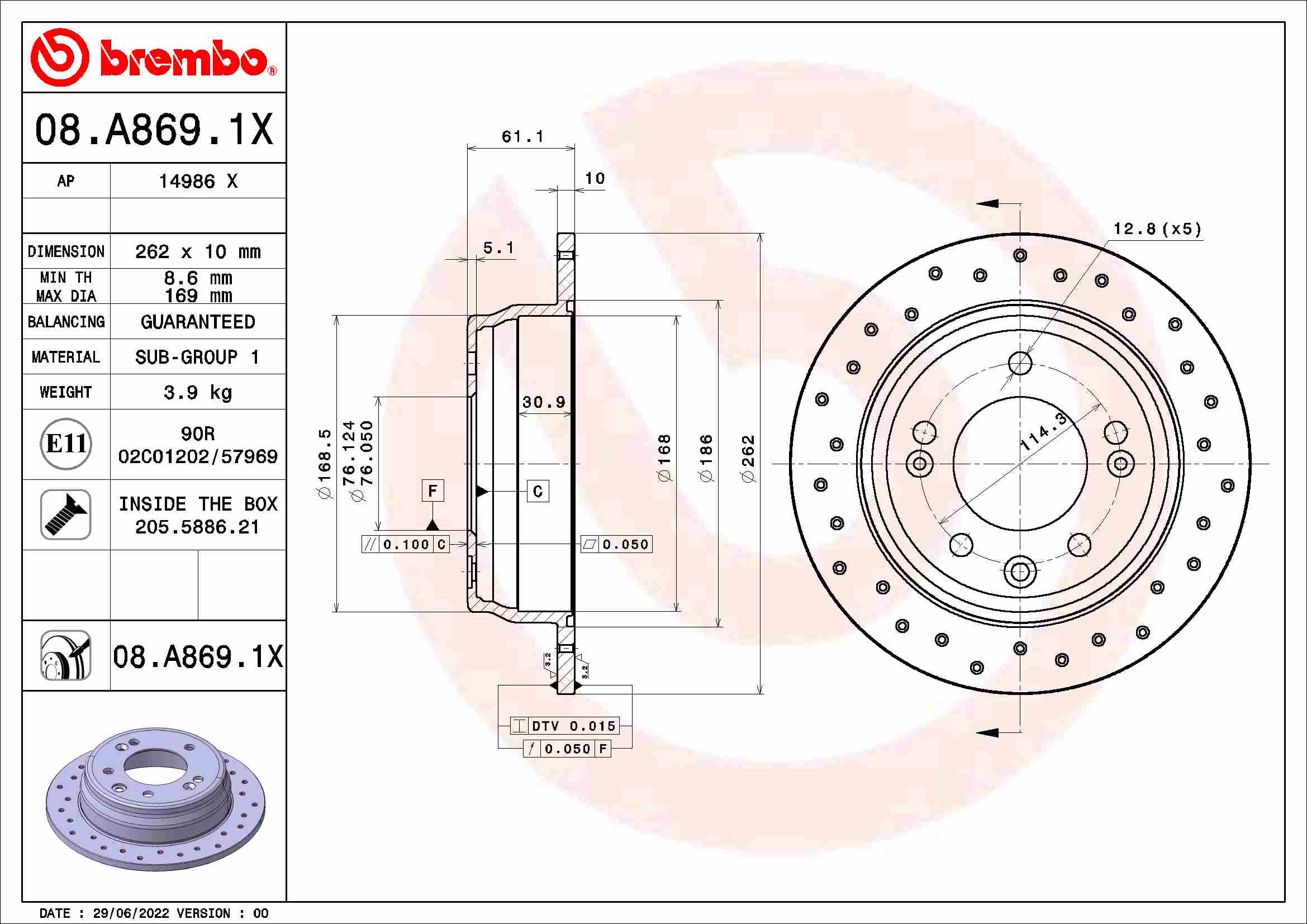 Тормозной диск BREMBO 08.A869.1X