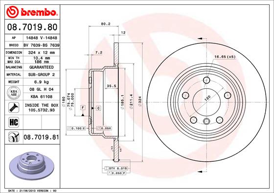 Тормозной диск BREMBO 08.7019.80