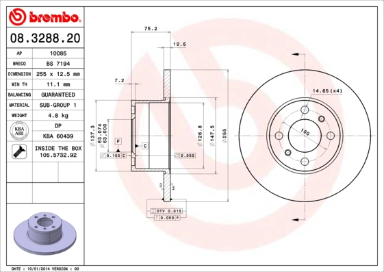 Тормозной диск BREMBO 08.3288.20