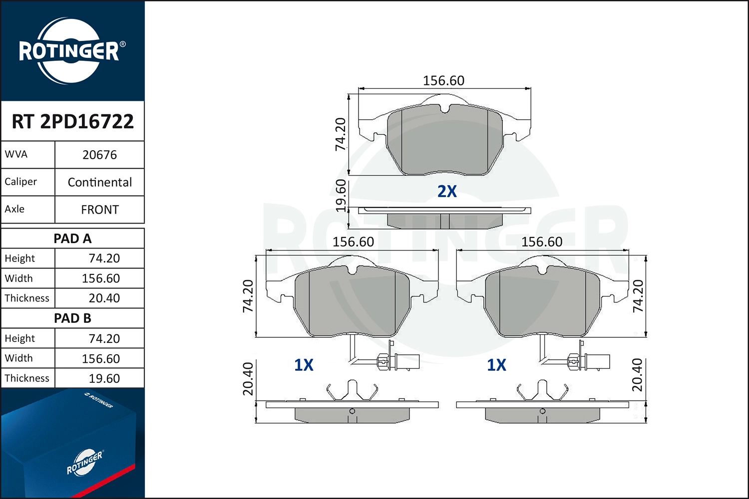 Комплект тормозных колодок дисковый тормоз ROTINGER RT2PD16722