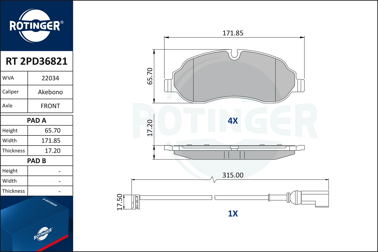 Комплект тормозных колодок дисковый тормоз ROTINGER RT2PD36821