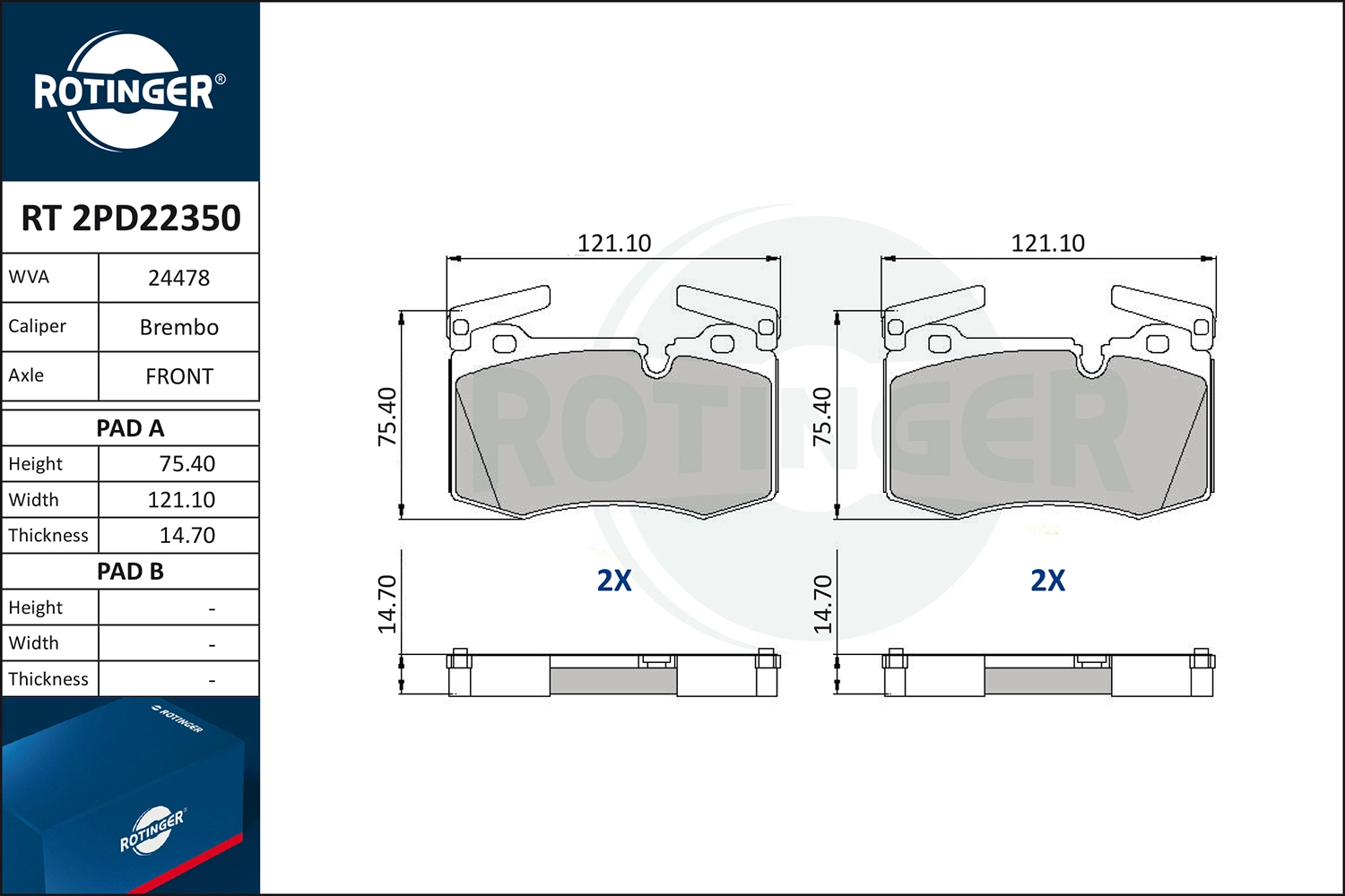 Комплект тормозных колодок дисковый тормоз ROTINGER RT 2PD22350