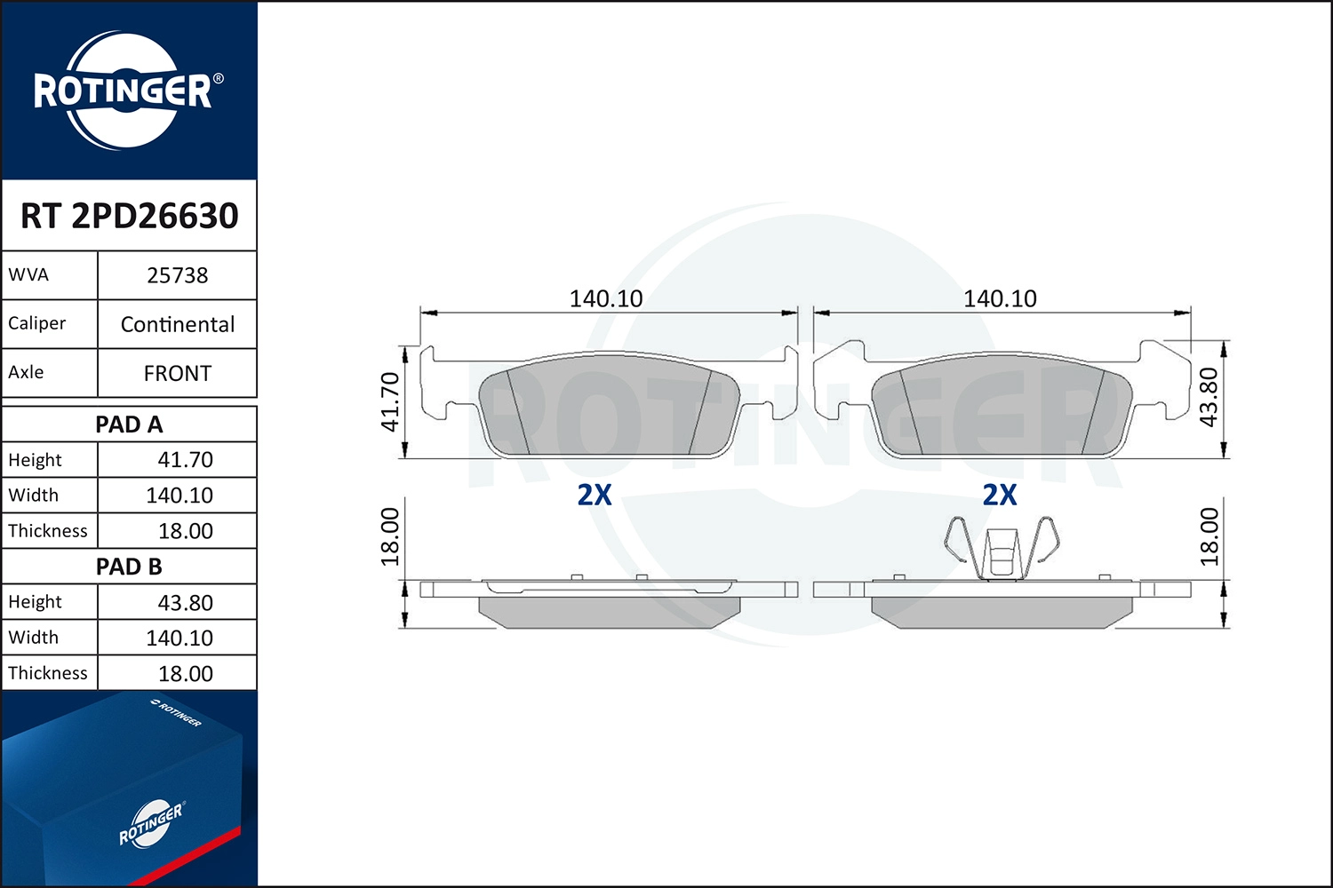 Комплект тормозных колодок дисковый тормоз ROTINGER RT2PD26630
