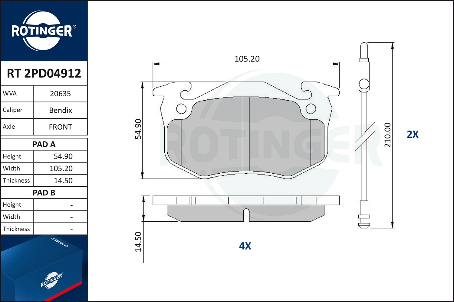 Комплект тормозных колодок дисковый тормоз ROTINGER RT 2PD04912