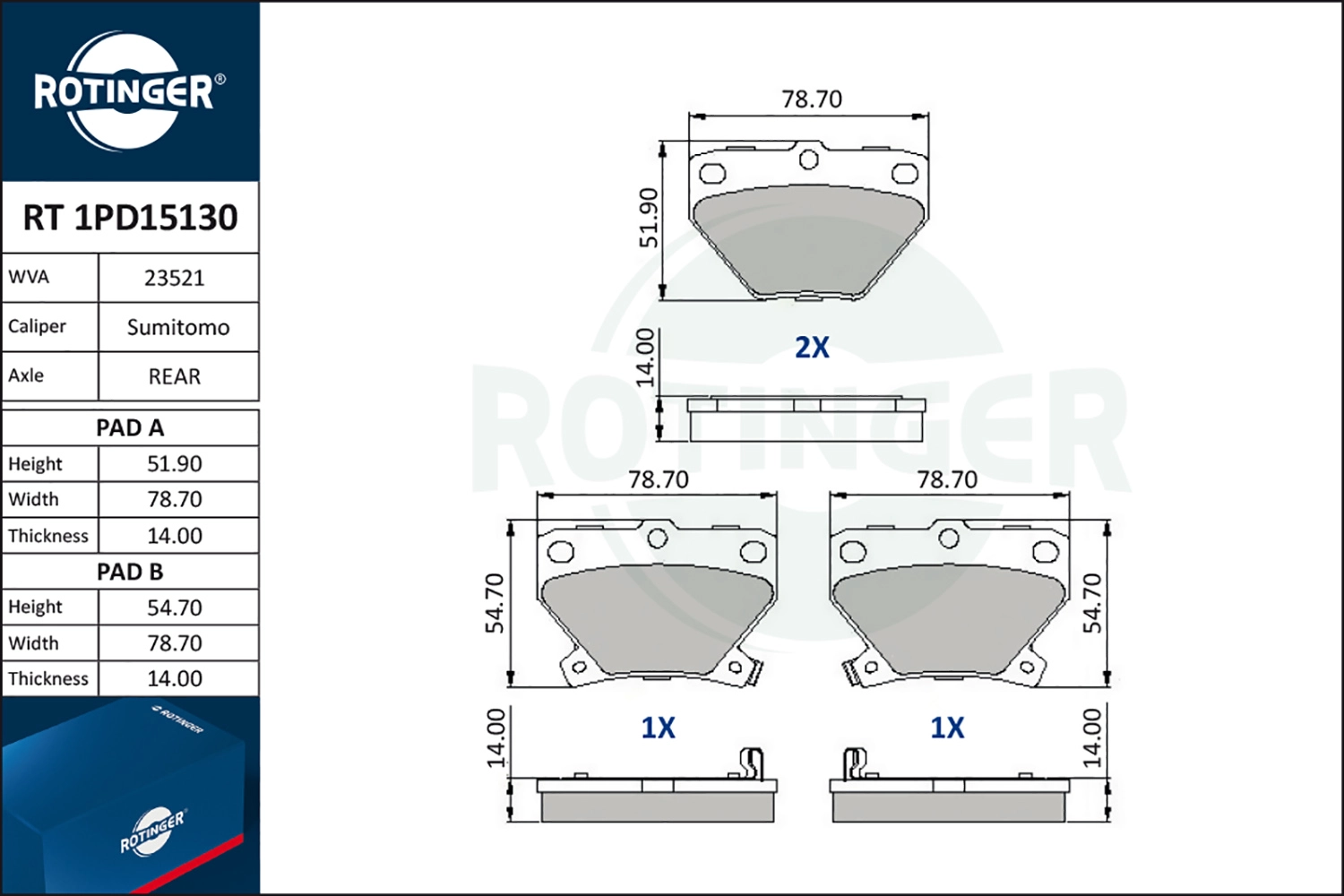 Комплект тормозных колодок дисковый тормоз ROTINGER RT 1PD15130