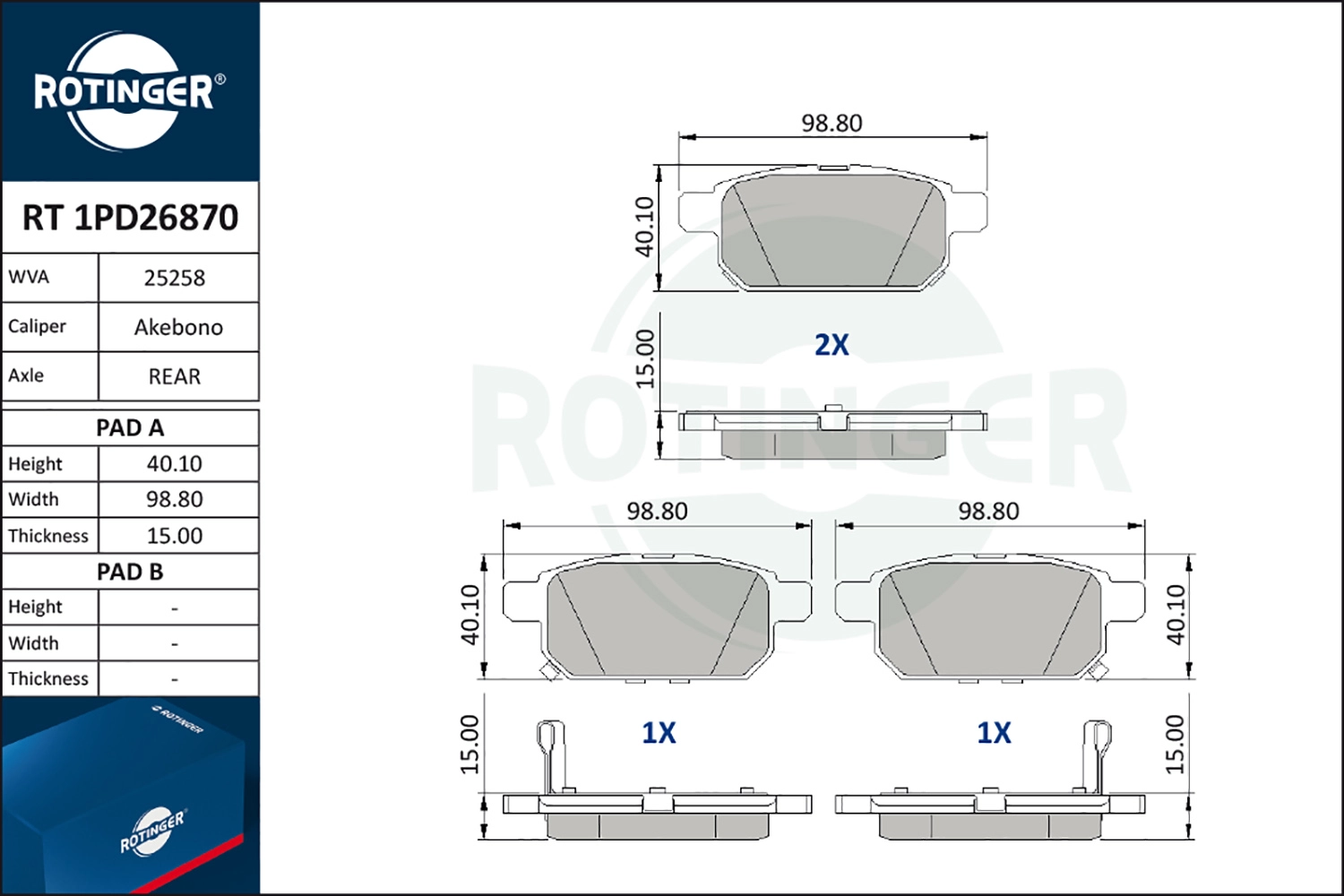 Комплект тормозных колодок дисковый тормоз ROTINGER RT 1PD26870