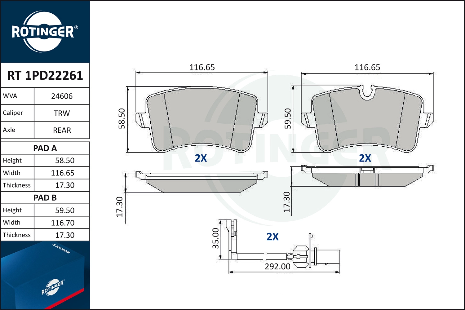 Комплект тормозных колодок дисковый тормоз ROTINGER RT 1PD22261