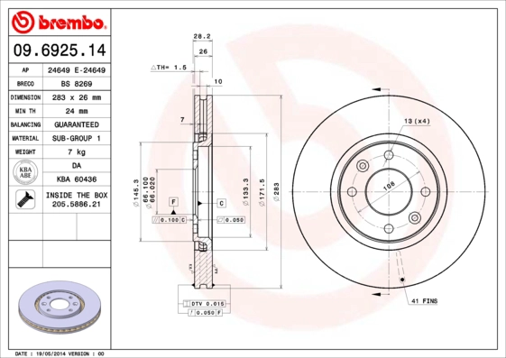 Тормозной диск BREMBO 09.6925.14