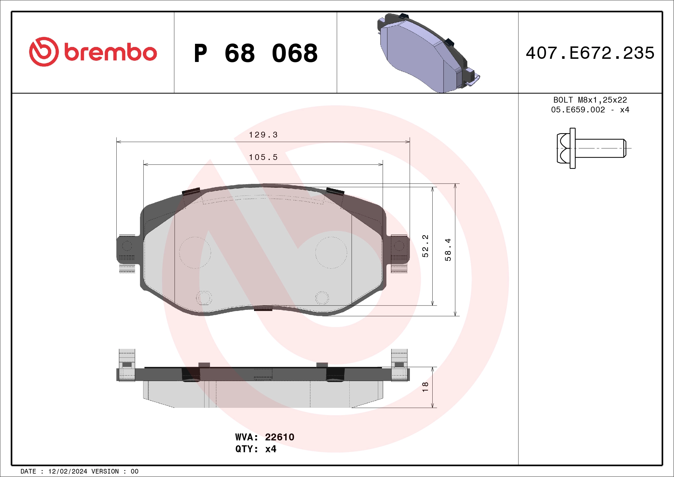 Комплект тормозных колодок дисковый тормоз BREMBO P 68 068X