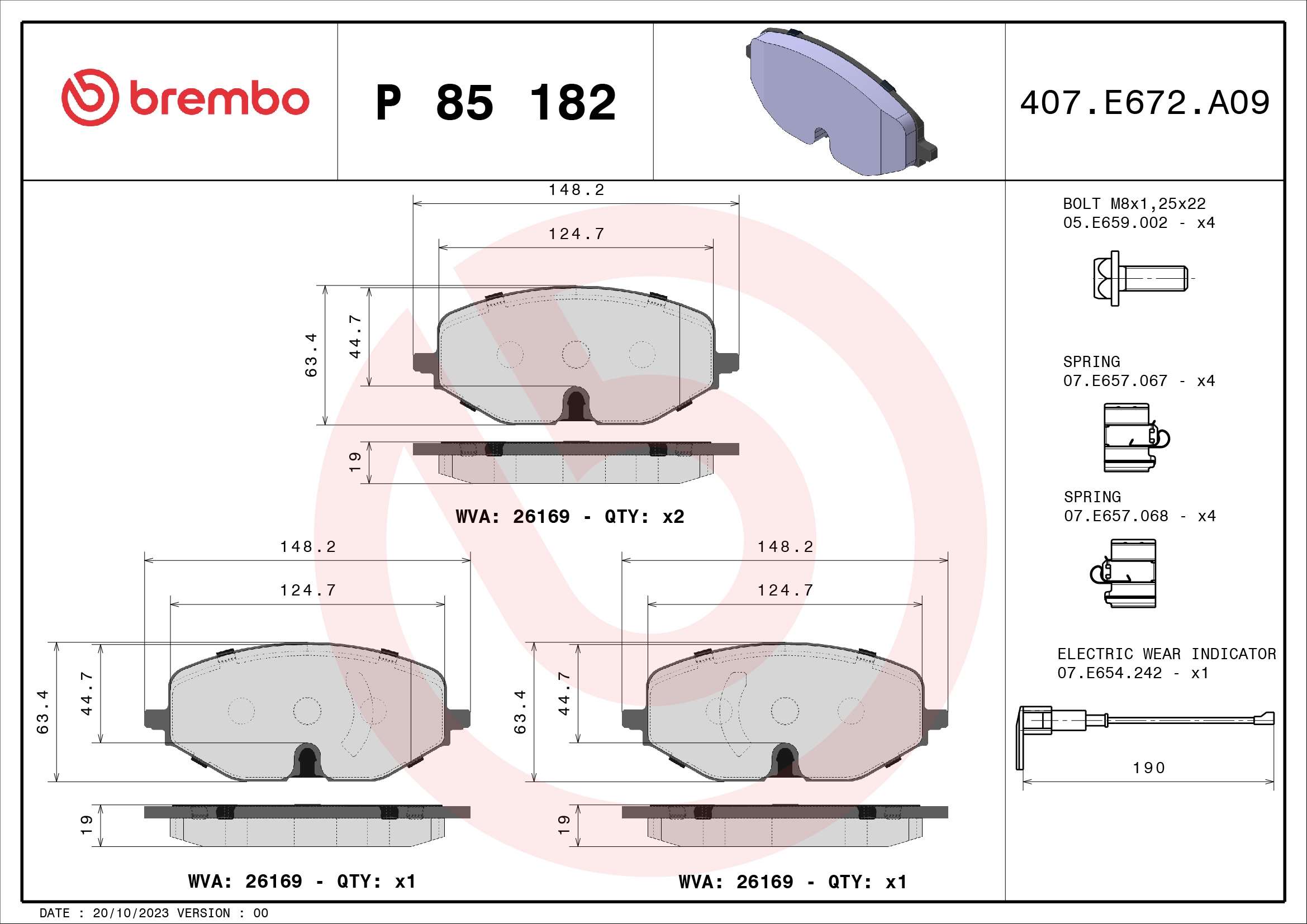 Комплект тормозных колодок дисковый тормоз BREMBO P 85 182X