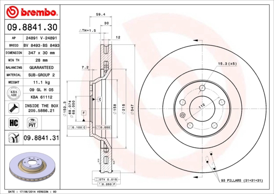 Тормозной диск BREMBO 09.8841.30