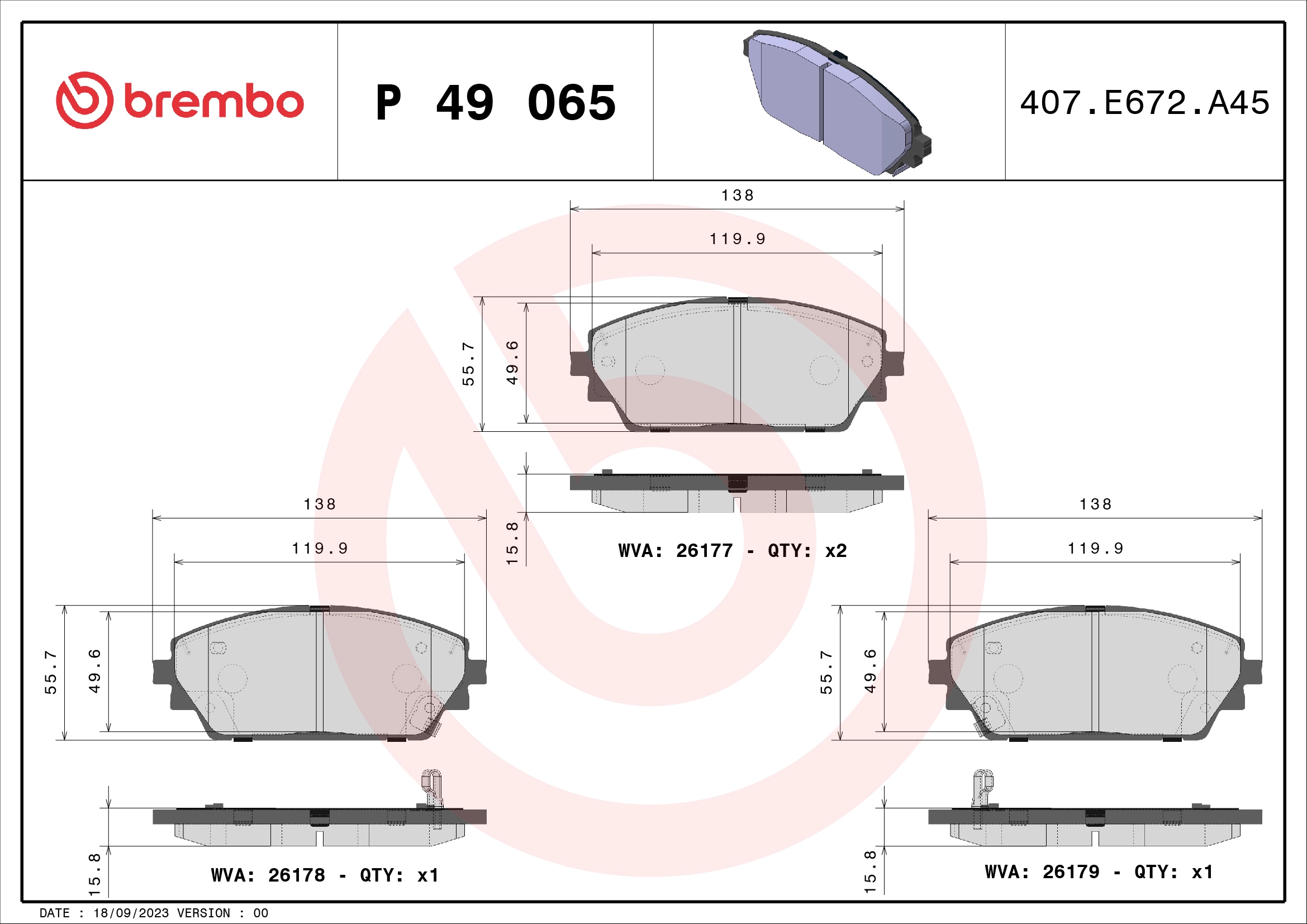 Комплект тормозных колодок дисковый тормоз prime line BREMBO P 49 065