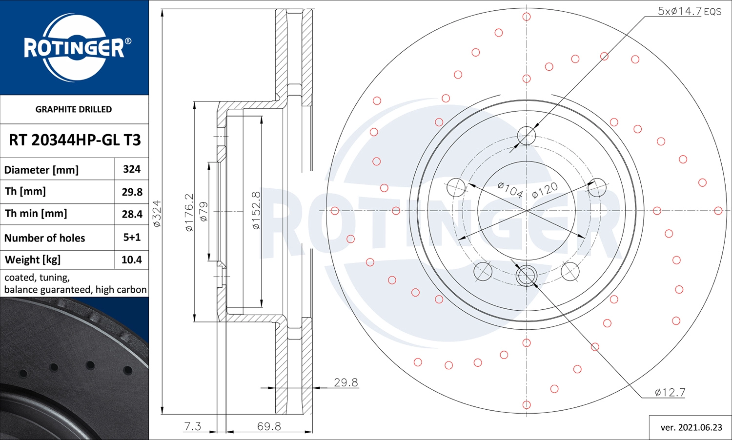 Тормозной диск graphite drilled ROTINGER RT 20344HP-GL T3