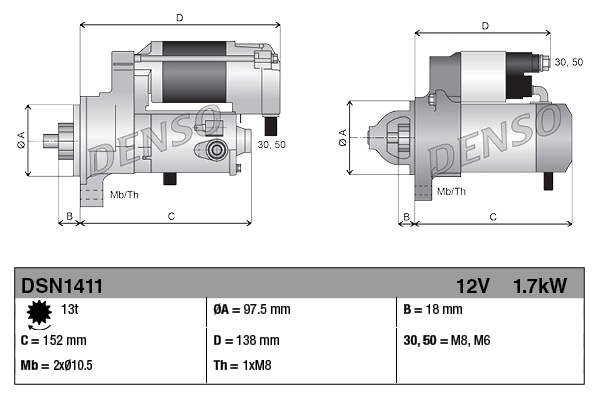 Стартер 12v 1.7kw DENSO DSN1411