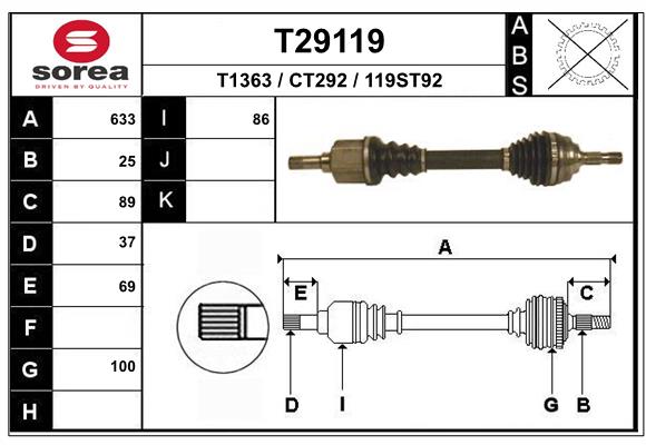 Вал приводной левый 633mm. citroen c5 3.0i 01-04 EAI T29119