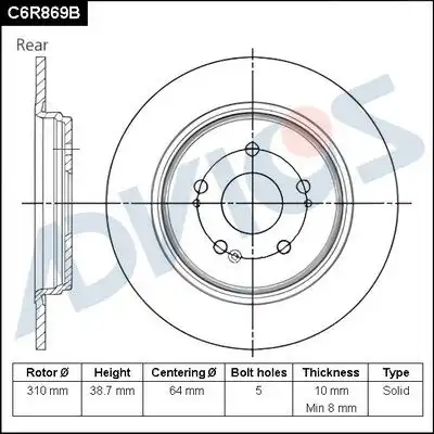 C6r869b диск тормозной зад. advics ADVICS C6R869B