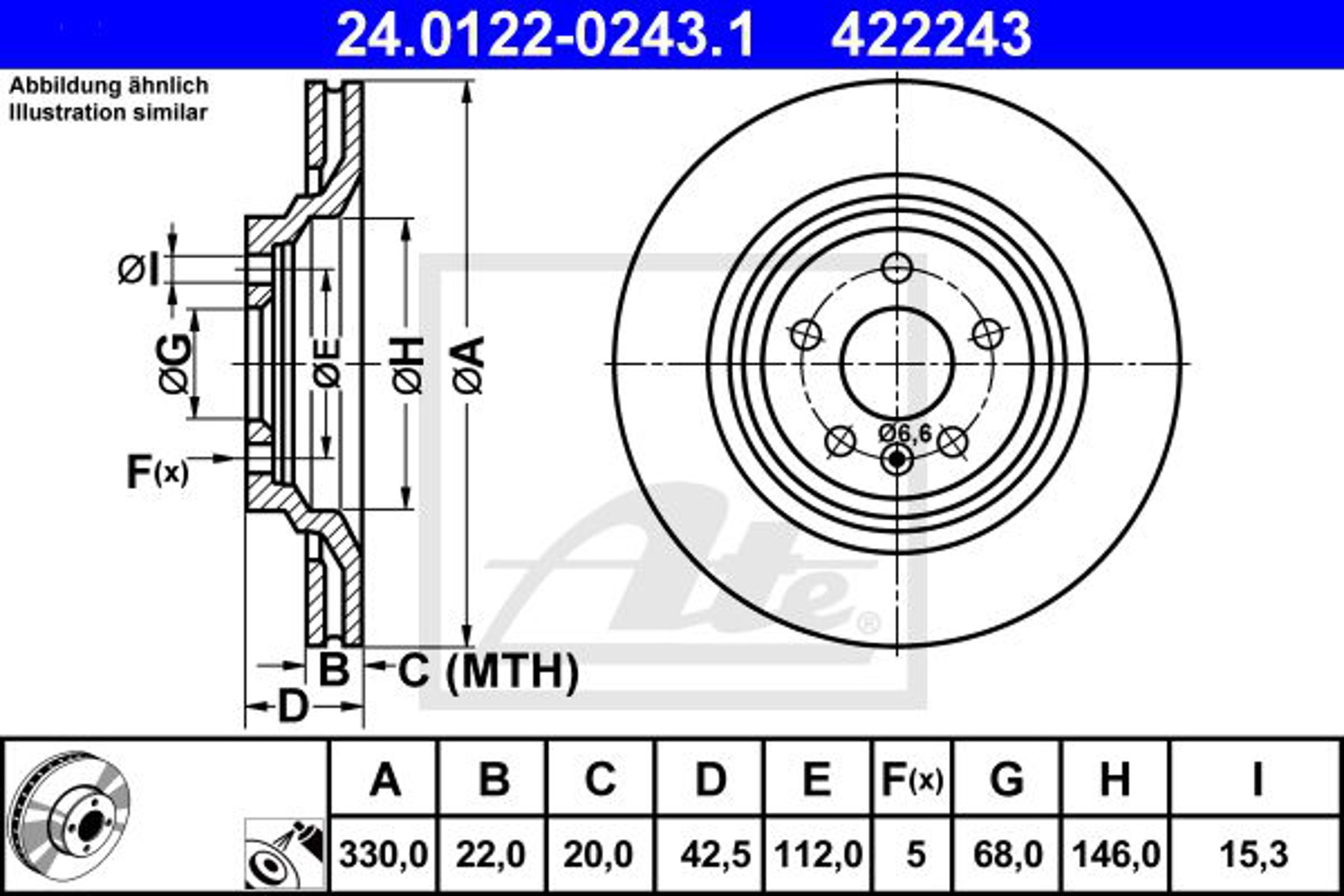 Тормозной диск зад audi a6 allroad c6 4fh 06 - 11 ATE 24.0122-0243.1