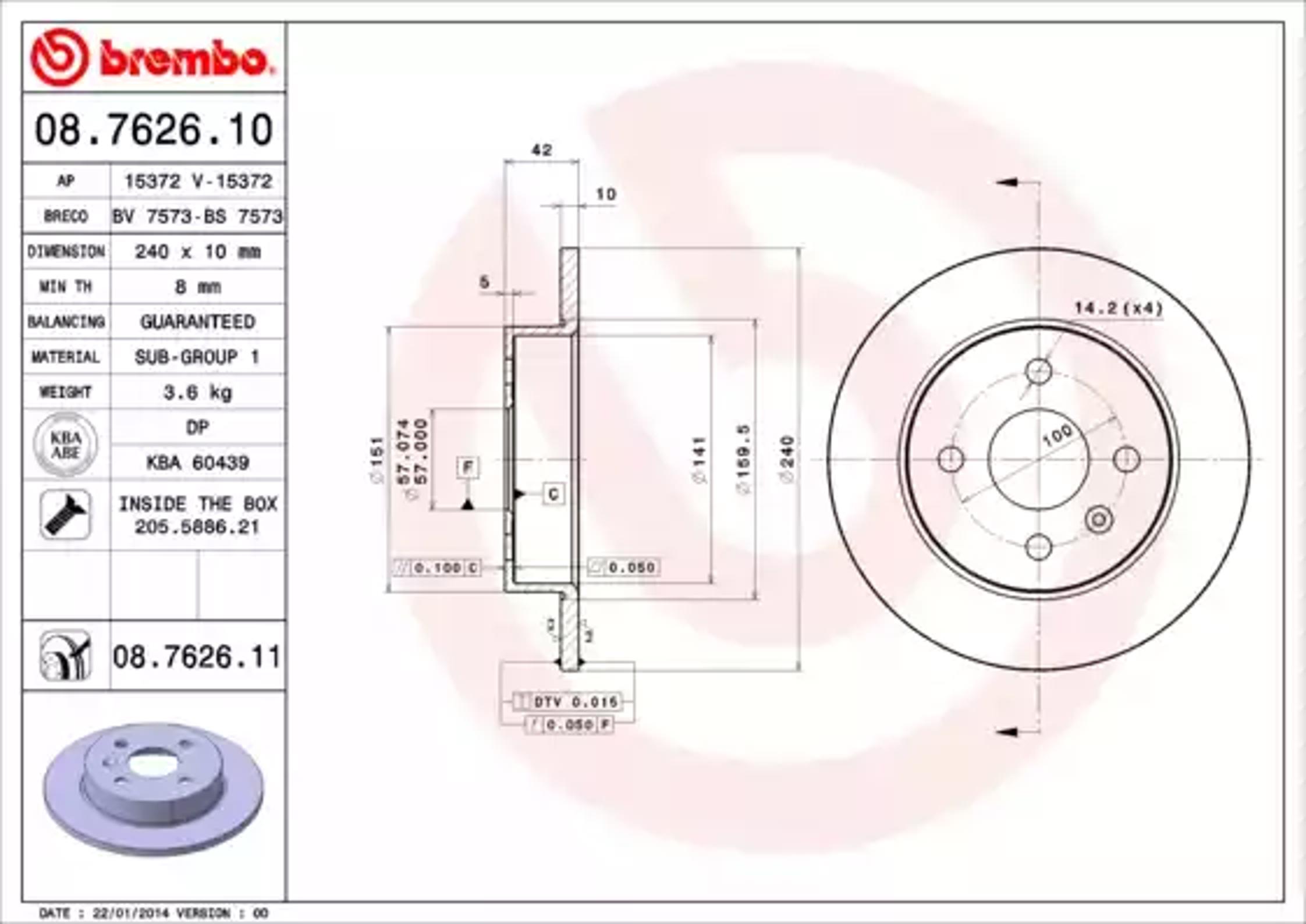 Диск тормозной BREMBO 08.7626.10