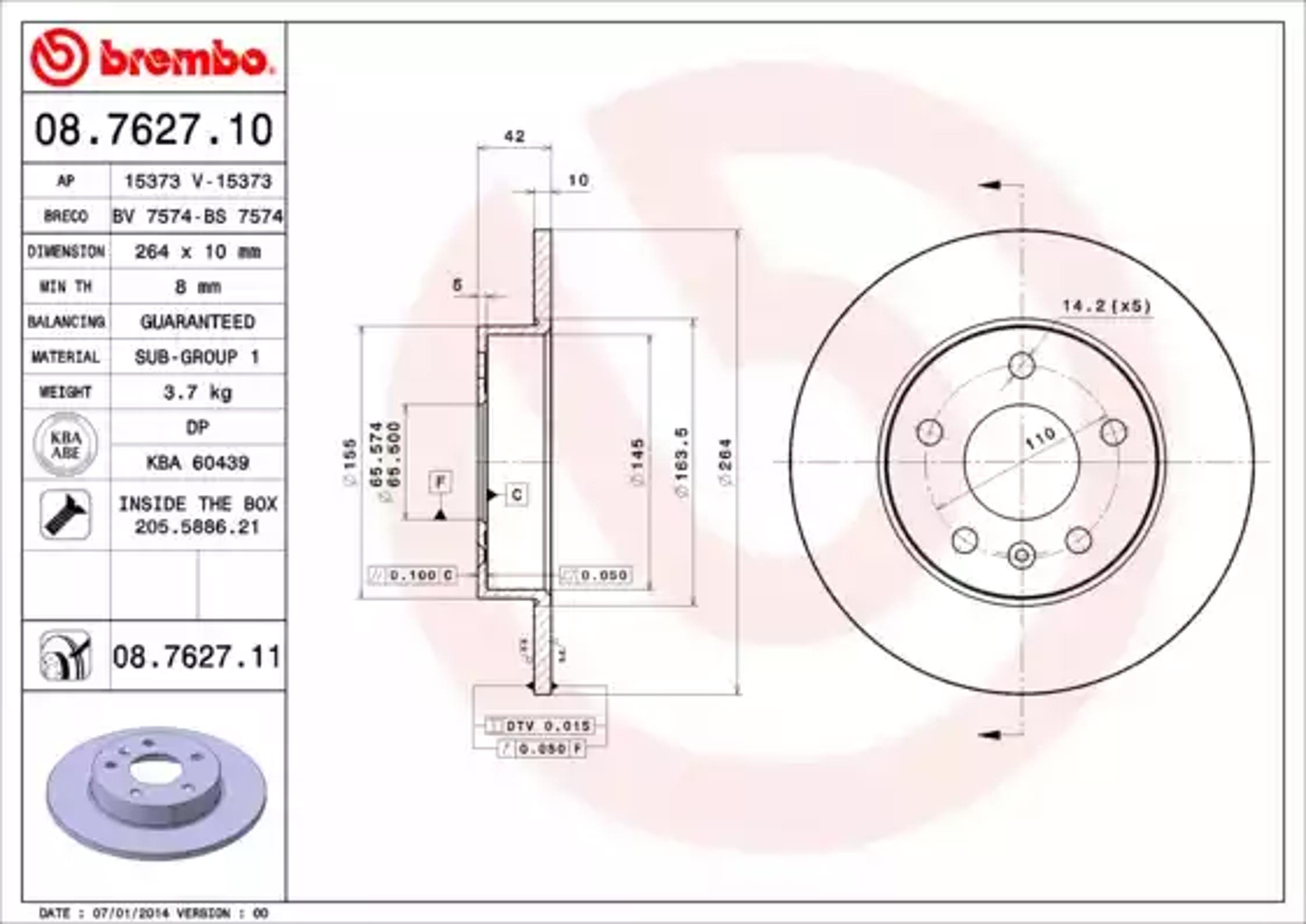 Диск тормозной BREMBO 08.7627.10
