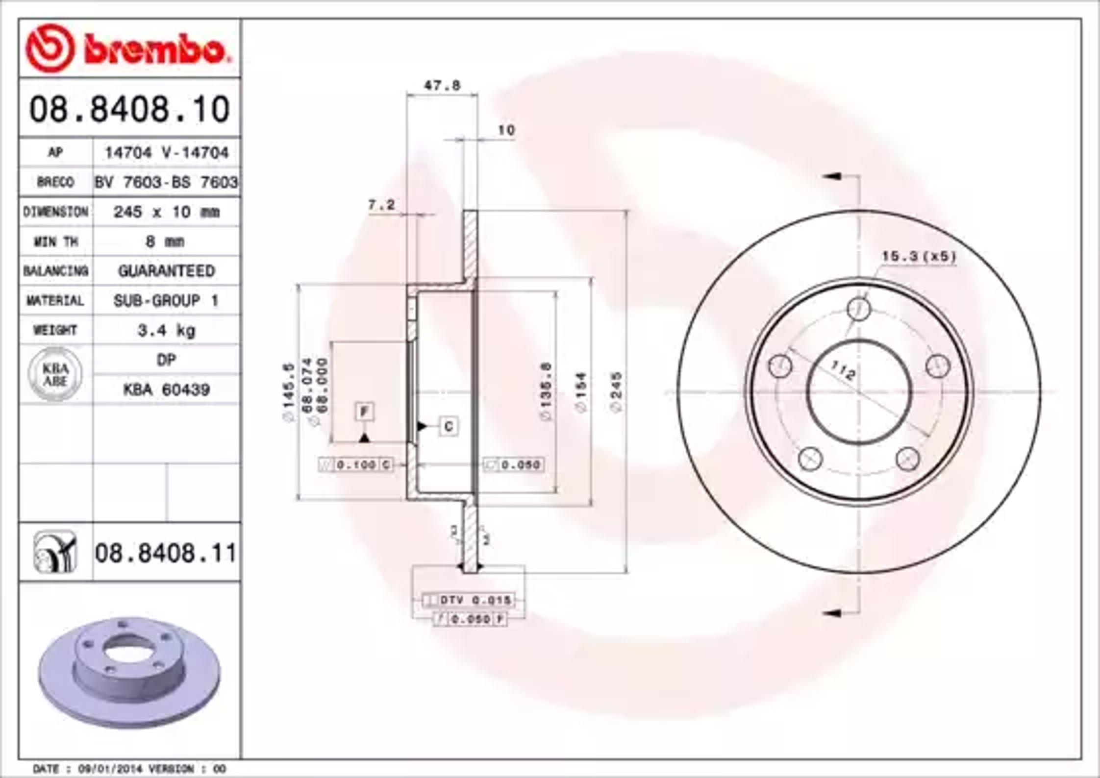 Диск тормозной BREMBO 08.8408.10