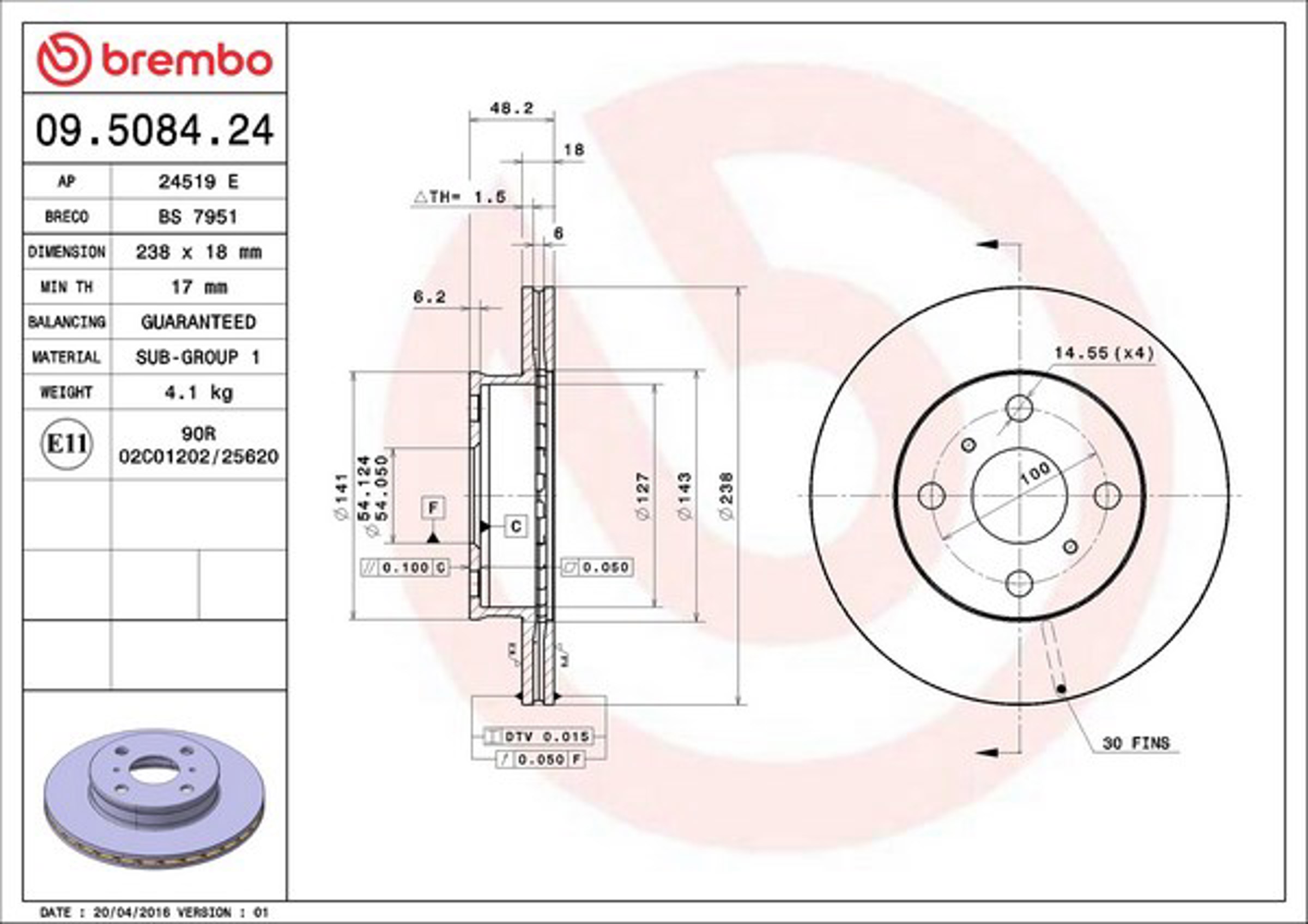 Диск тормозной BREMBO 09.5084.24
