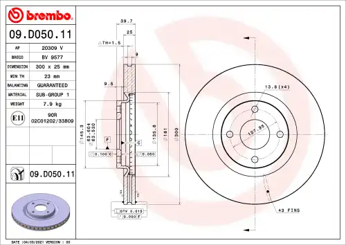 Диск тормозной BREMBO 09.D050.11